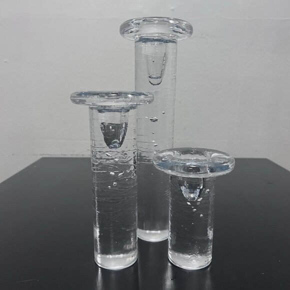 Kosta Boda Sweden Art Glass Candle Holders Set 3 Clear Bubble Scandinavian